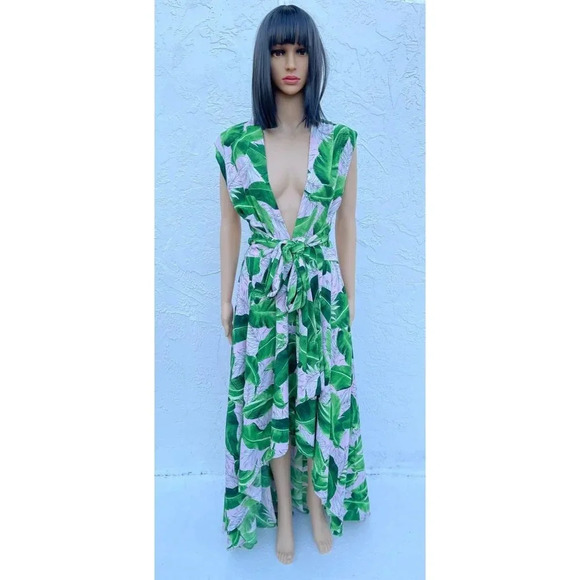 Cien Womens Tropical Long Asymmetrical Maxi Dress Green Sz Medium - Picture 1 of 14